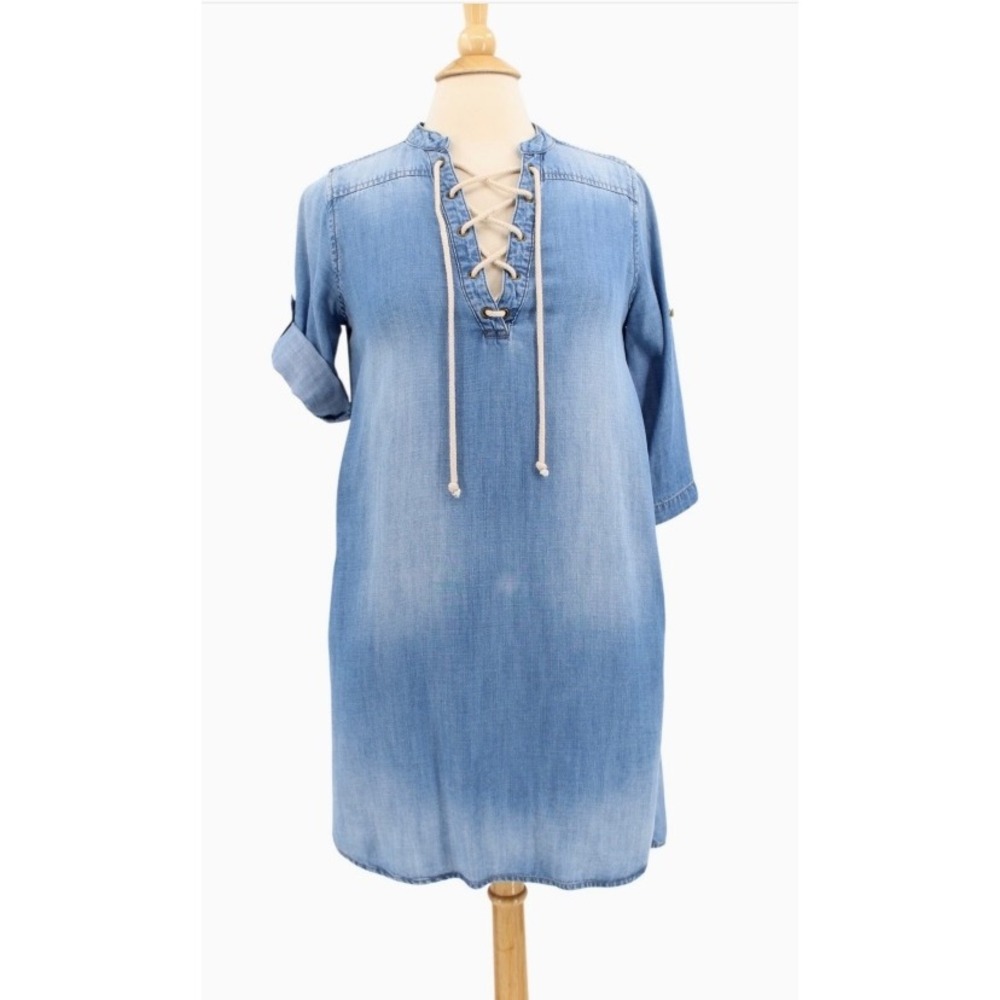 Cloth & Stone Blue Chambray Lace Up Tunic Dress Side Pockets Roll Tab Sleeve XS